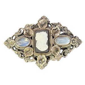 Antique Art Deco Victorian Sterling Moonstone Cameo black & white cameo Brooch P